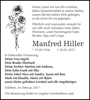 Traueranzeige von Manfred Hiller von Super Sonntag SGH Mansf. Land