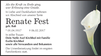 Traueranzeige von Renate Fest von WVG - Wochenspiegel Bitterfeld