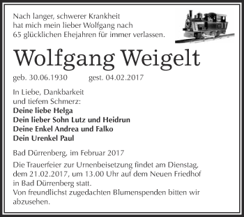 Traueranzeige von Wolfgang Weigelt von Super Sonntag Halle