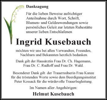 Traueranzeige von Ingrid Kusebauch von WVG - Wochenspiegel Dessau / Köthen