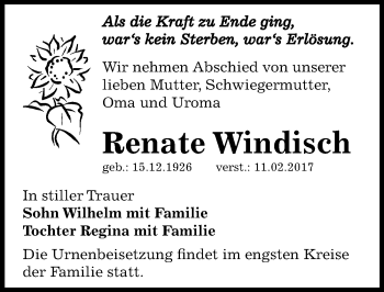 Traueranzeige von Renate Windisch von Mitteldeutsche Zeitung Bernburg