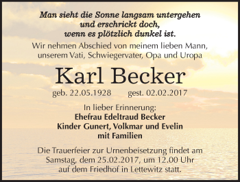 Traueranzeige von Karl Becker von Mitteldeutsche Zeitung Halle/Saalkreis