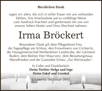 Traueranzeige von Irma Bröckert von WVG - Wochenspiegel NMB / WSF / ZTZ