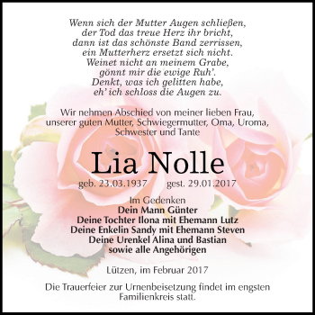 Traueranzeige von Lia Nolle von WVG - Wochenspiegel NMB / WSF / ZTZ