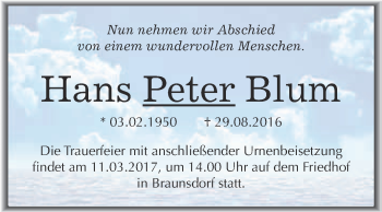 Traueranzeige von Hans Peter Blum von Super Sonntag Wittenberg