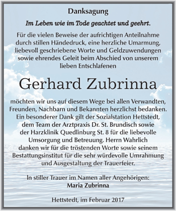 Traueranzeige von Gerhard Zubrinna von Mitteldeutsche Zeitung Mansfelder Land