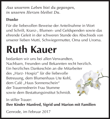 Traueranzeige von Ruth Kauer von Mitteldeutsche Zeitung Quedlinburg