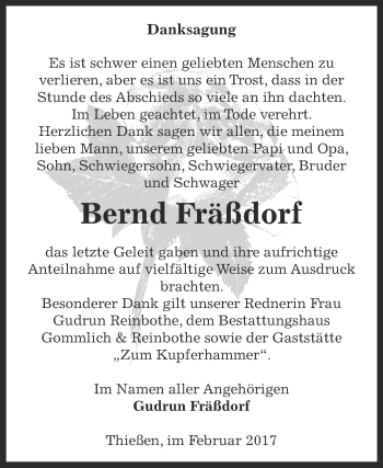 Traueranzeige von Bernd Fräßdorf von WVG - Wochenspiegel Dessau / Köthen