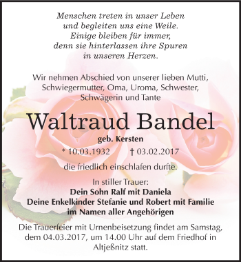 Traueranzeige von Waltraud Bandel von Mitteldeutsche Zeitung Bitterfeld