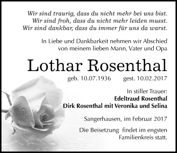 Traueranzeige von Lothar Rosenthal von Mitteldeutsche Zeitung Sangerhausen