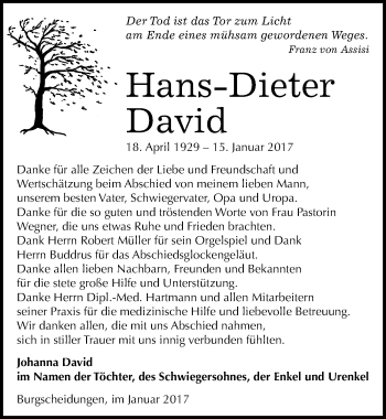Traueranzeige von Hans-Dieter David von Mitteldeutsche Zeitung Naumburg/Nebra