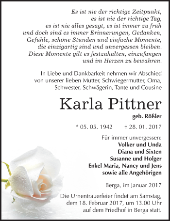 Traueranzeige von Karla Pittner von Mitteldeutsche Zeitung Sangerhausen