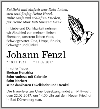 Traueranzeige von Johann Fenzl von Mitteldeutsche Zeitung Merseburg/Querfurt