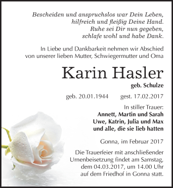 Traueranzeige von Karin Hasler von Mitteldeutsche Zeitung Sangerhausen