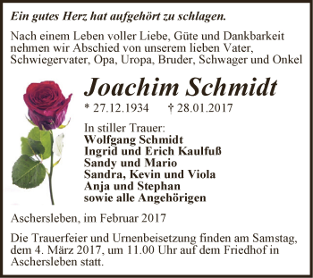 Traueranzeige von Joachim Schmidt von Super Sonntag SGH Mansf. Land