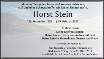 Traueranzeige von Horst Stein von Mitteldeutsche Zeitung Quedlinburg
