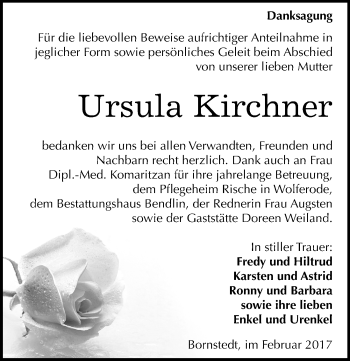 Traueranzeige von Ursula Kirchner von Mitteldeutsche Zeitung Mansfelder Land