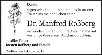 Traueranzeige von Manfred Roßberg von Mitteldeutsche Zeitung Bitterfeld