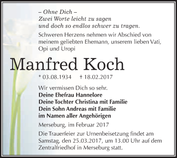 Traueranzeige von Manfred Koch von Super Sonntag Halle