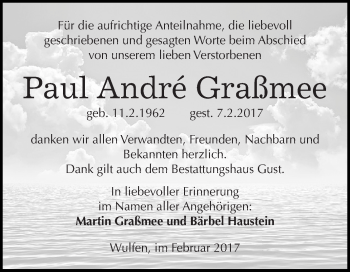 Traueranzeige von Paul André Graßmee von WVG - Wochenspiegel Dessau / Köthen