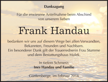 Traueranzeige von Frank Handau von Mitteldeutsche Zeitung Quedlinburg