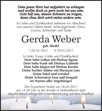 Traueranzeige von Gerda Weber von Mitteldeutsche Zeitung Halle/Saalkreis