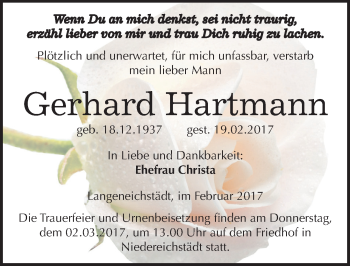 Traueranzeige von Gerhard Hartmann von Mitteldeutsche Zeitung Merseburg/Querfurt