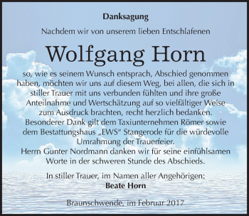 Traueranzeige von Wolfgang Horn von Mitteldeutsche Zeitung Mansfelder Land