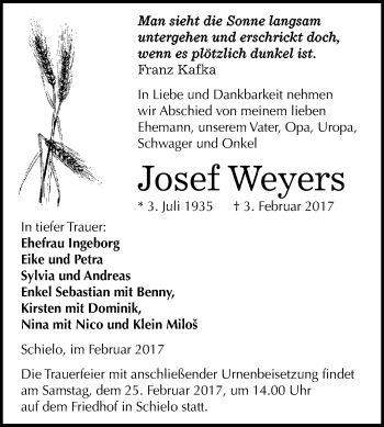 Traueranzeige von Josef Weyers von Super Sonntag Quedlinburg