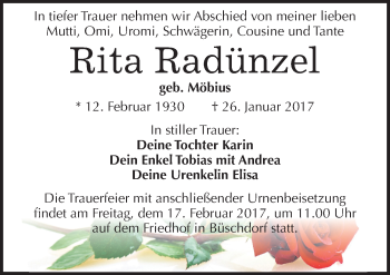 Traueranzeige von Rita Radünzel von Mitteldeutsche Zeitung Halle/Saalkreis