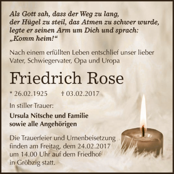 Traueranzeige von Friedrich Rose von WVG - Wochenspiegel Dessau / Köthen