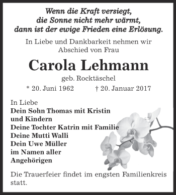 Traueranzeige von Carola Lehmann von WVG - Wochenspiegel NMB / WSF / ZTZ
