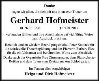 Traueranzeige von Gerhard Hofmeister von Mitteldeutsche Zeitung Dessau-Roßlau