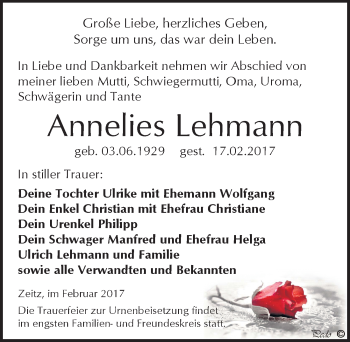 Traueranzeige von Annelies Lehmann von Mitteldeutsche Zeitung Zeitz