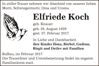 Traueranzeige von Elfriede Koch von WVG - Wochenspiegel Dessau / Köthen