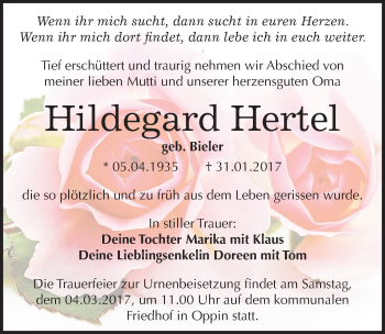 Traueranzeige von Hildegard Hertel von Mitteldeutsche Zeitung Halle/Saalkreis