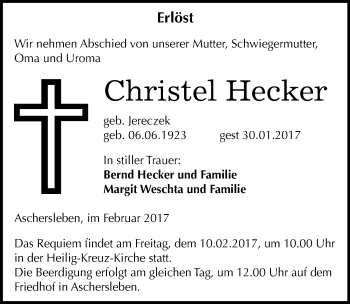 Traueranzeige von Christel Hecker von Mitteldeutsche Zeitung Aschersleben