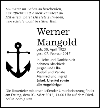 Traueranzeige von Werner Mangold von Mitteldeutsche Zeitung Bitterfeld