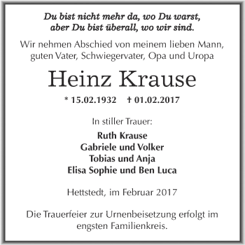 Traueranzeige von Heinz Krause von Super Sonntag SGH Mansf. Land