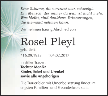 Traueranzeige von Rosel Pleyl von WVG - Wochenspiegel Bitterfeld
