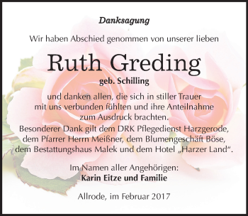 Traueranzeige von Ruth Greding von Mitteldeutsche Zeitung Quedlinburg