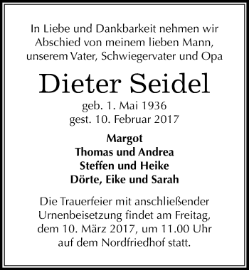 Traueranzeige von Dieter Seidel von Mitteldeutsche Zeitung Halle/Saalkreis