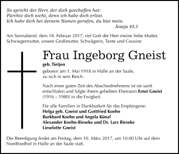 Traueranzeige von Ingeborg Gneist von Mitteldeutsche Zeitung Halle/Saalkreis