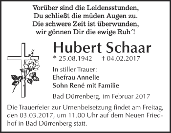 Traueranzeige von Hubert Schaar von Super Sonntag Halle