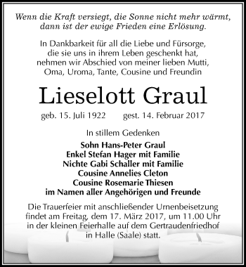 Traueranzeige von Lieselott Graul von Mitteldeutsche Zeitung Halle/Saalkreis