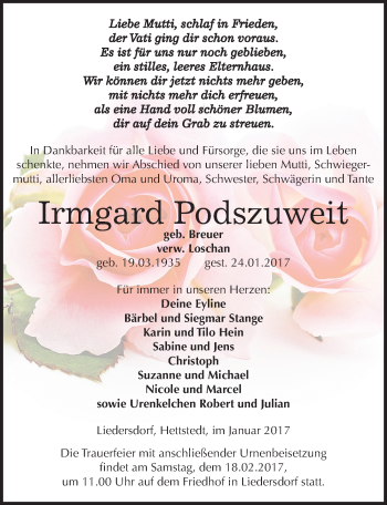Traueranzeige von Irmgard Podszuweit von Mitteldeutsche Zeitung Sangerhausen