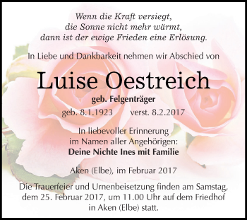 Traueranzeige von Luise Oestreich von WVG - Wochenspiegel Dessau / Köthen