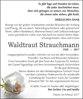 Traueranzeige von Waldtraut Strauchmann von Mitteldeutsche Zeitung Aschersleben