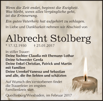 Traueranzeige von Albrecht Stolberg von Mitteldeutsche Zeitung Quedlinburg