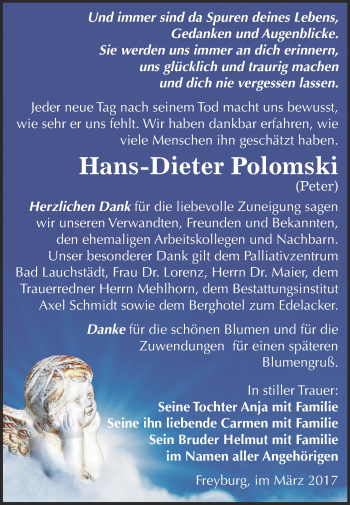 Traueranzeige von Hans-Dieter Polomski von WVG - Wochenspiegel NMB / WSF / ZTZ